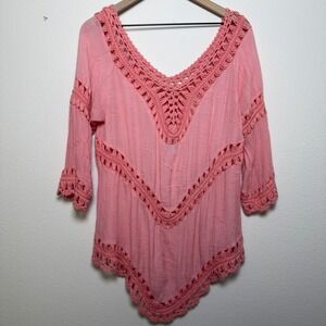 Active USA Women Boho Crochet Top Medium Pink Western Festival Beach Cover Up